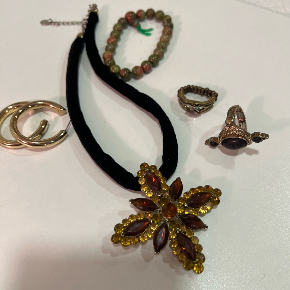Statement Amber and Gold Flower Pendant Necklace on Black Cord